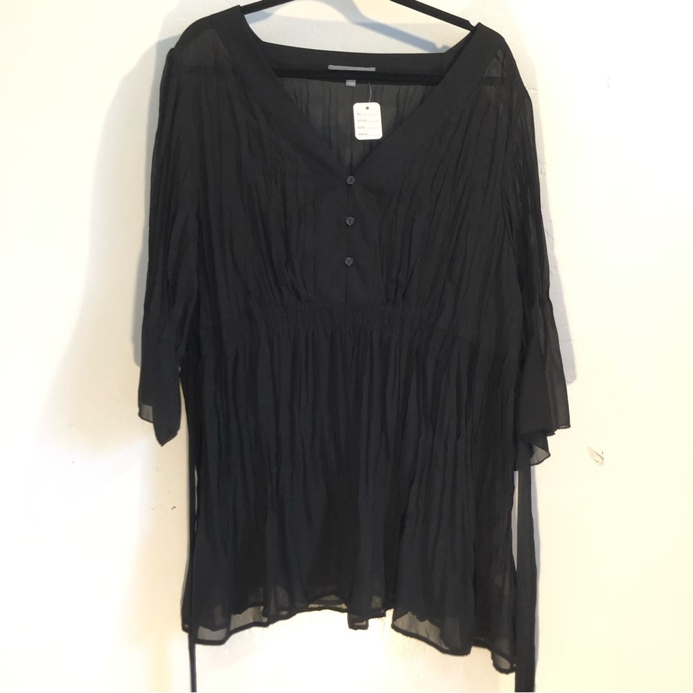 Ny Collection blouse black sheer size 2x button front tie waist